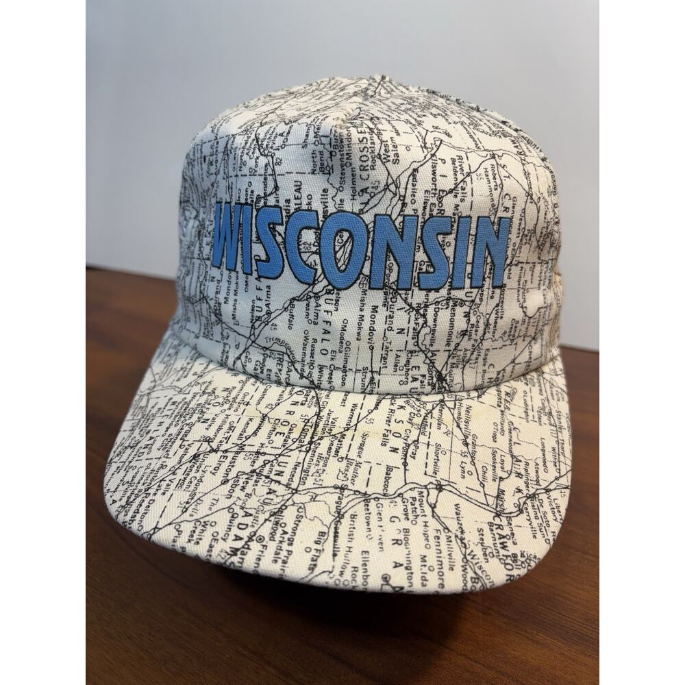 Vintage 90s Wisconsin State Map SnapBack Hat Baseball Cap USA AOP Blue Print
